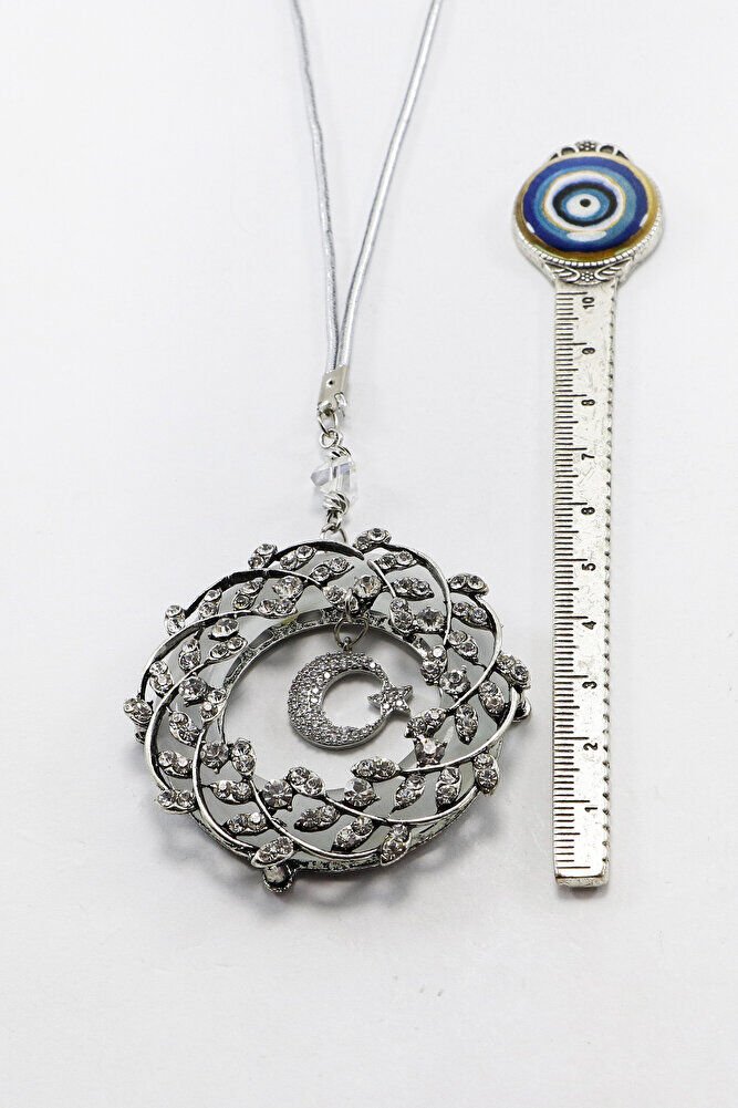 Gümüş Renk Detaylı Parlak Taşlı Ay Yıldızlı Dikiz Ayna Süsü, Hediyelik Yeni Araba Hediyesi