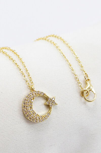 Parlak Taşlı Ay Yıldızlı Lak Kaplama Bijüteri Kolye (Zincir 45 cm)