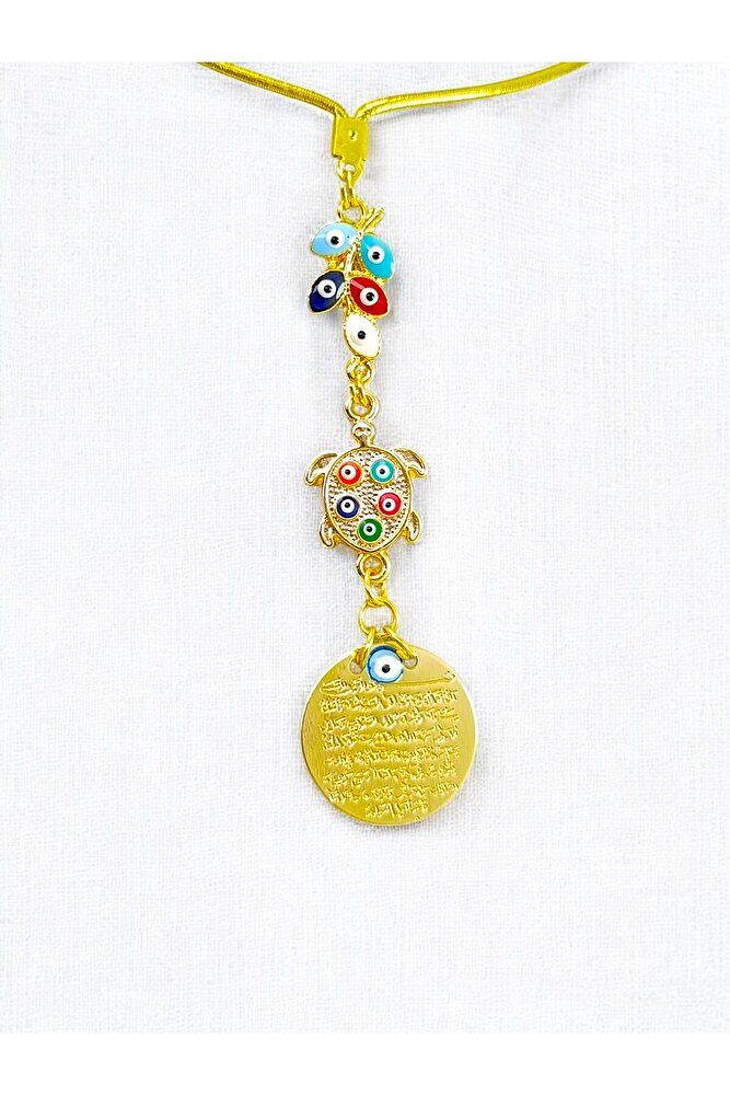 Renkli Salkım Nazar ve Kaplumbağa Detaylı Metal Ayetel Kürsi Araba Dikiz Ayna Süsü,  Araba Hediyesi