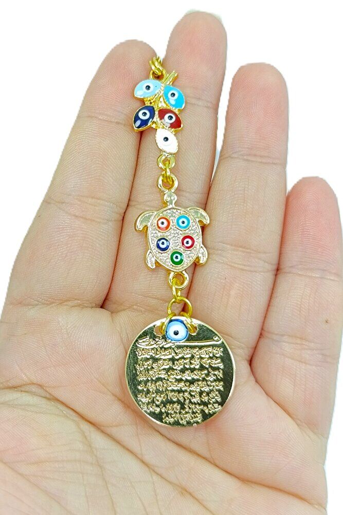 Renkli Salkım Nazar ve Kaplumbağa Detaylı Metal Ayetel Kürsi Araba Dikiz Ayna Süsü,  Araba Hediyesi