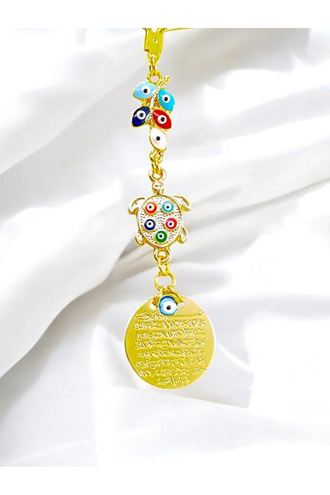 Renkli Salkım Nazar ve Kaplumbağa Detaylı Metal Ayetel Kürsi Araba Dikiz Ayna Süsü,  Araba Hediyesi