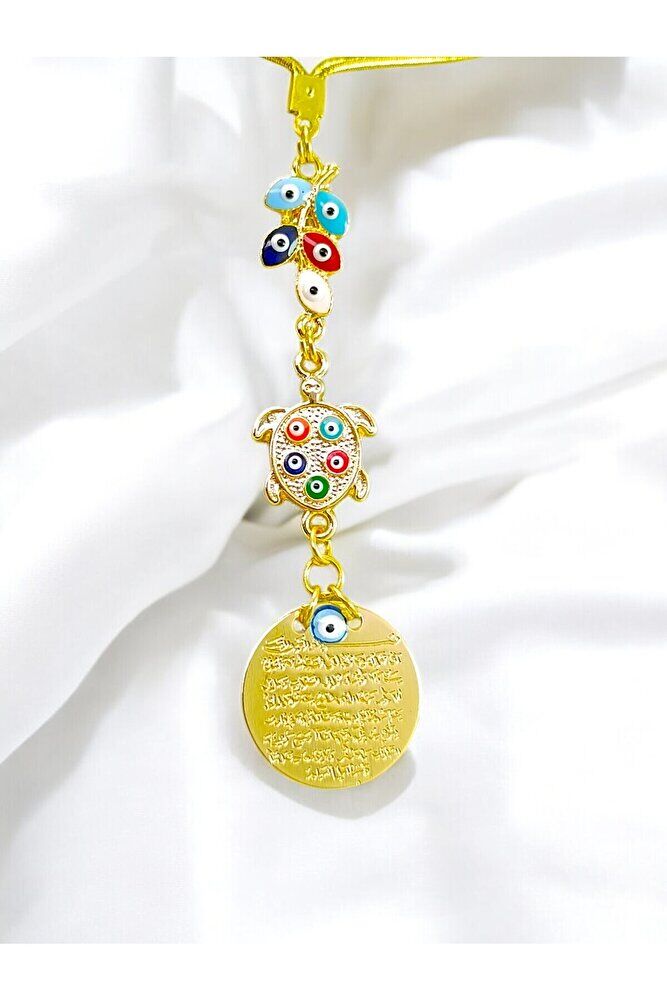 Renkli Salkım Nazar ve Kaplumbağa Detaylı Metal Ayetel Kürsi Araba Dikiz Ayna Süsü,  Araba Hediyesi