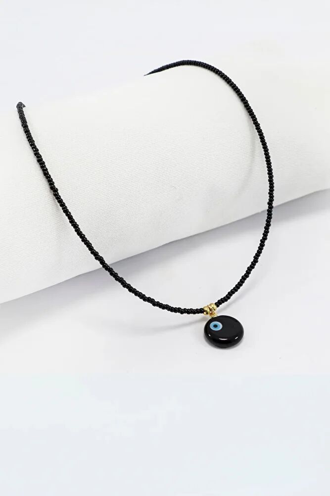 Black Color Sand Beaded Handmade Glass Evil Eye Beaded Daisy Bijouterie Necklace, Gift Necklace