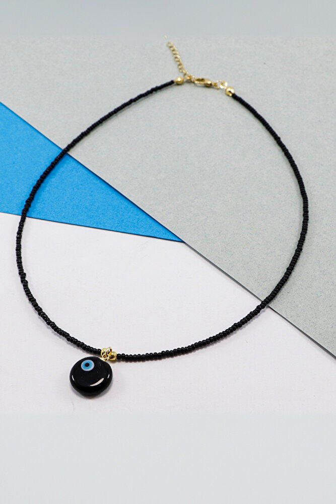 Black Color Sand Beaded Handmade Glass Evil Eye Beaded Daisy Bijouterie Necklace, Gift Necklace