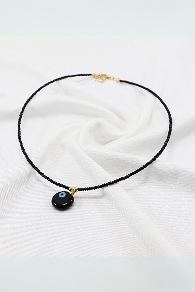 Black Color Sand Beaded Handmade Glass Evil Eye Beaded Daisy Bijouterie Necklace, Gift Necklace
