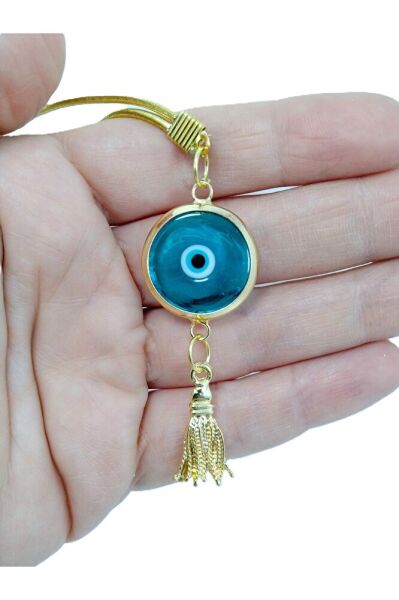 Turkuaz Metal Püsküllü Nazar Boncuğu Lüks Dikiz Ayna Süsü El Yapımı Cam Hediyelik Aksesuar