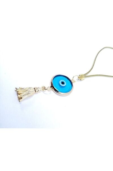 Turkuaz Metal Püsküllü Nazar Boncuğu Lüks Dikiz Ayna Süsü El Yapımı Cam Hediyelik Aksesuar