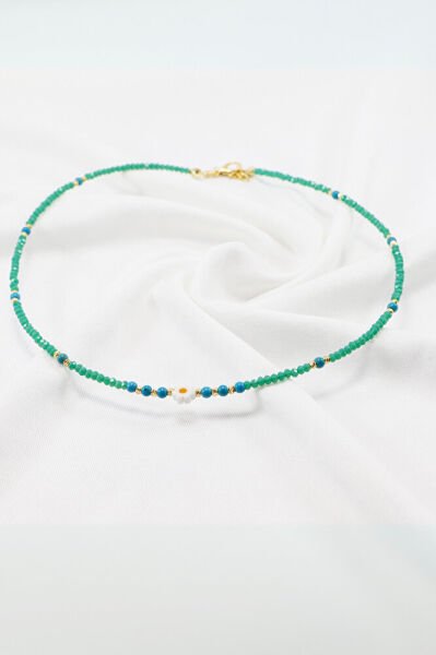 Zümrüt Yeşili Kum Boncuklu Papatyalı Bijuteri Kolye, Hediyelik Kolye