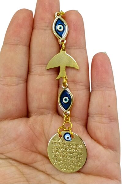 Elips Nazar Boncuğu ve Kuş Detaylı Metal Ayetel Kürsi Araba Dikiz Ayna Süsü, Yeni Araba Hediyesi