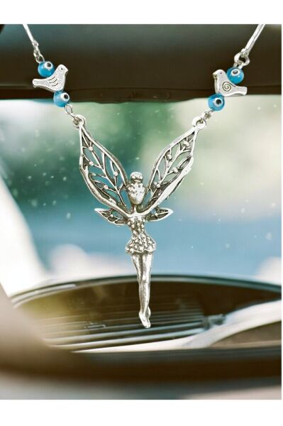 Cam Nazar Boncuğu Detaylı Metal Kanatlı Melek  Araba Dikiz Ayna Süsü/Kuşlu Yeni Araba Hediyesi