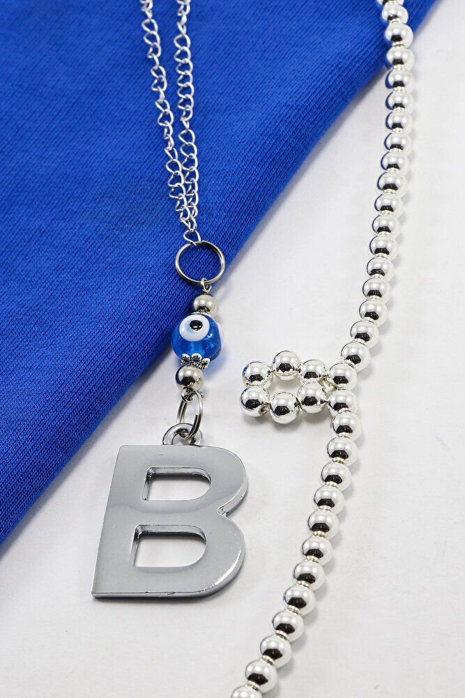 El Yapımı Lacivert Cam Nazar Boncuklu Gümüş Renkli Metal B Harfi Dikiz Ayna Süsü