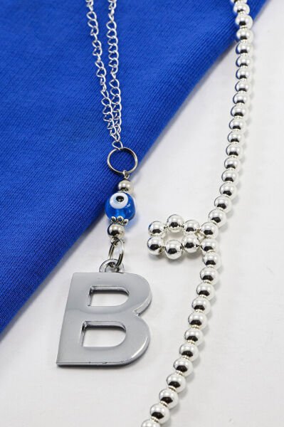 El Yapımı Lacivert Cam Nazar Boncuklu Gümüş Renkli Metal B Harfi Dikiz Ayna Süsü