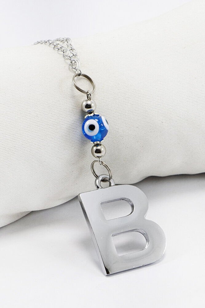 El Yapımı Lacivert Cam Nazar Boncuklu Gümüş Renkli Metal B Harfi Dikiz Ayna Süsü