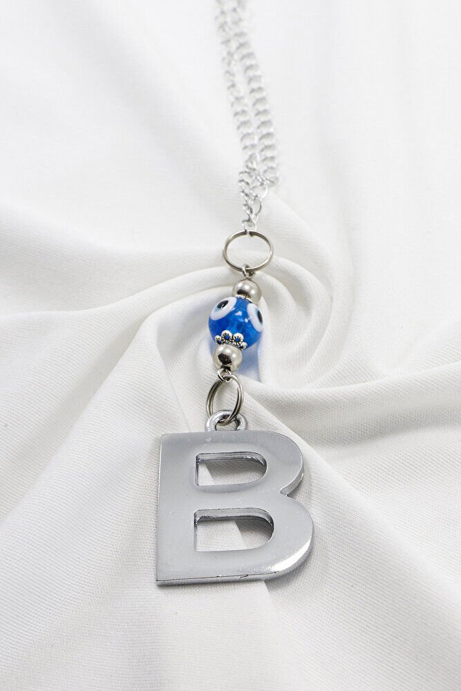 El Yapımı Lacivert Cam Nazar Boncuklu Gümüş Renkli Metal B Harfi Dikiz Ayna Süsü