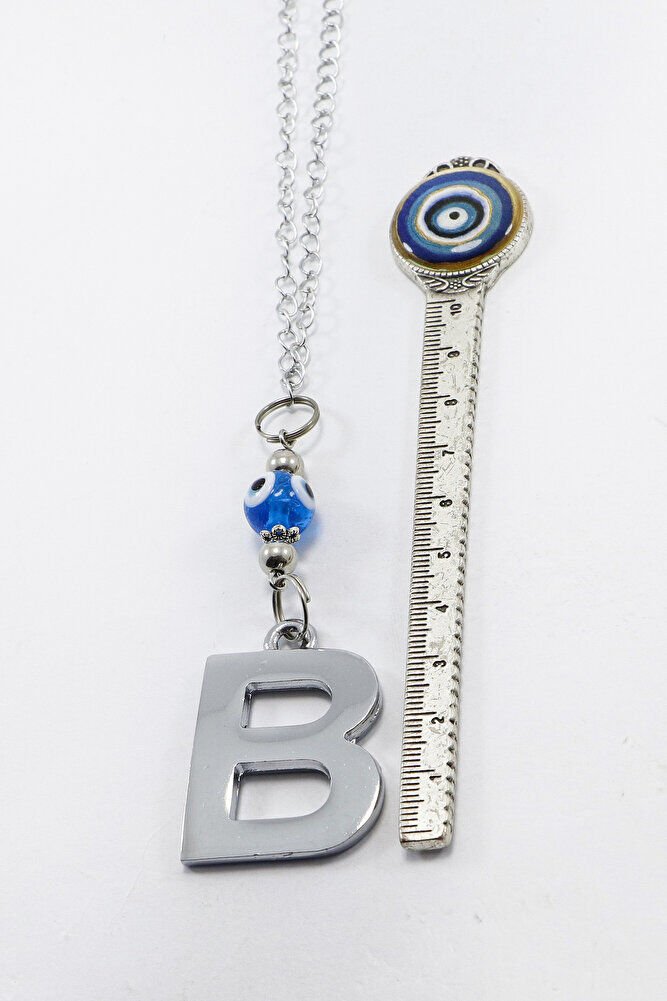 El Yapımı Lacivert Cam Nazar Boncuklu Gümüş Renkli Metal B Harfi Dikiz Ayna Süsü