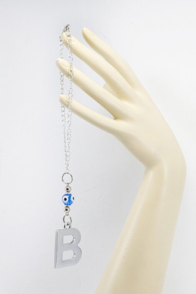 El Yapımı Lacivert Cam Nazar Boncuklu Gümüş Renkli Metal B Harfi Dikiz Ayna Süsü