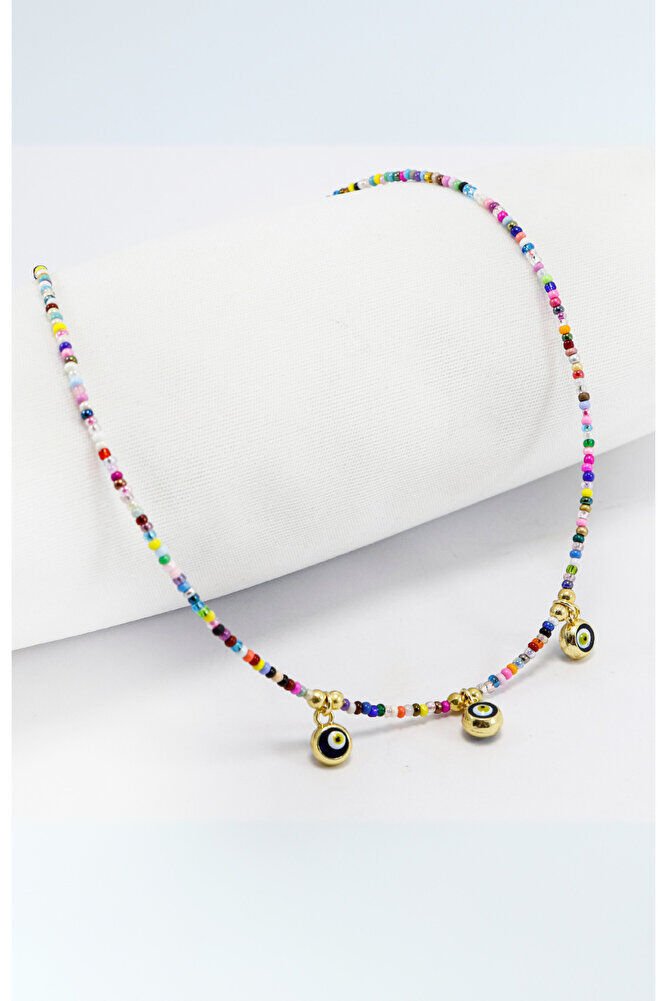 Renkli Kum Boncuklu Çerçeveli Nazar Boncuklu Bijuteri Kolye, Hediyelik Kolye