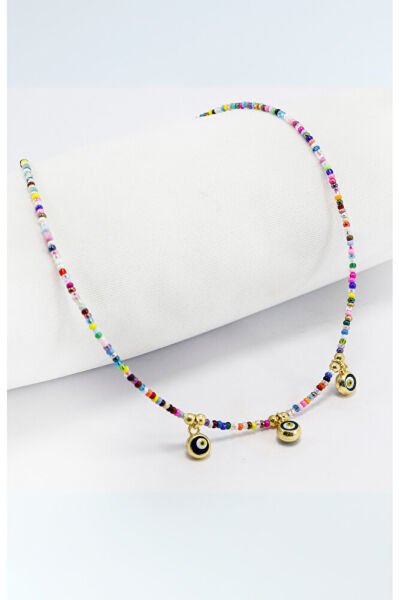 Renkli Kum Boncuklu Çerçeveli Nazar Boncuklu Bijuteri Kolye, Hediyelik Kolye