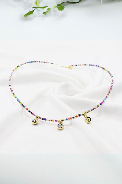 Renkli Kum Boncuklu Çerçeveli Nazar Boncuklu Bijuteri Kolye, Hediyelik Kolye