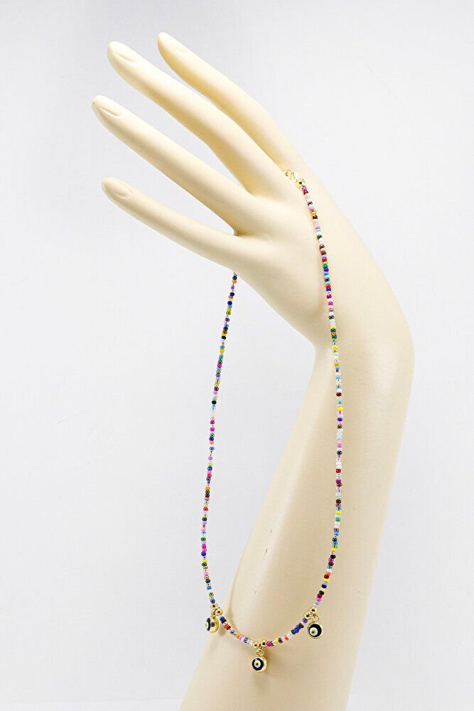 Renkli Kum Boncuklu Çerçeveli Nazar Boncuklu Bijuteri Kolye, Hediyelik Kolye