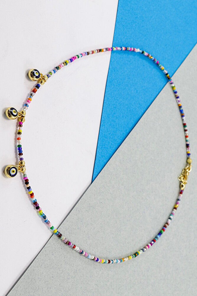 Renkli Kum Boncuklu Çerçeveli Nazar Boncuklu Bijuteri Kolye, Hediyelik Kolye