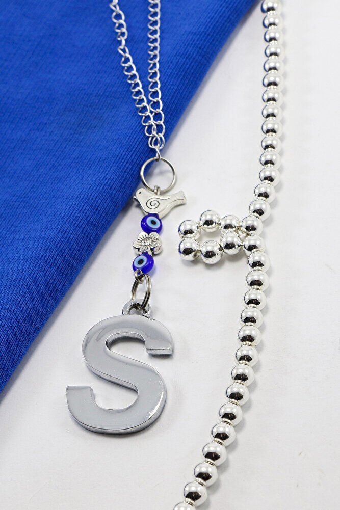 Minik Kuşlu Cam Nazar Boncuklu Gümüş Renkli Metal S Harfi Dikiz Ayna Süsü