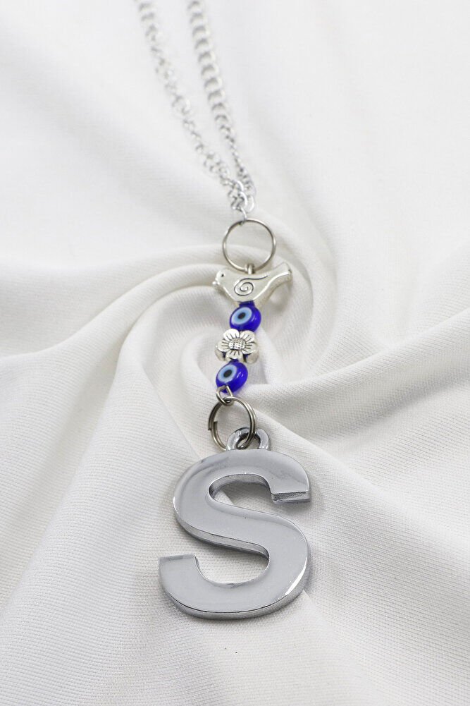 Minik Kuşlu Cam Nazar Boncuklu Gümüş Renkli Metal S Harfi Dikiz Ayna Süsü