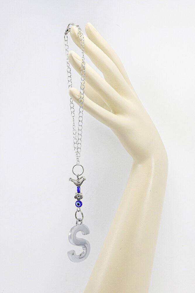 Minik Kuşlu Cam Nazar Boncuklu Gümüş Renkli Metal S Harfi Dikiz Ayna Süsü