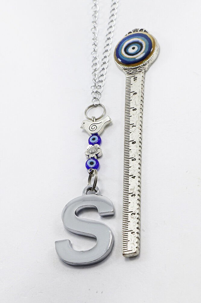 Minik Kuşlu Cam Nazar Boncuklu Gümüş Renkli Metal S Harfi Dikiz Ayna Süsü