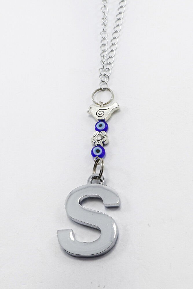 Minik Kuşlu Cam Nazar Boncuklu Gümüş Renkli Metal S Harfi Dikiz Ayna Süsü