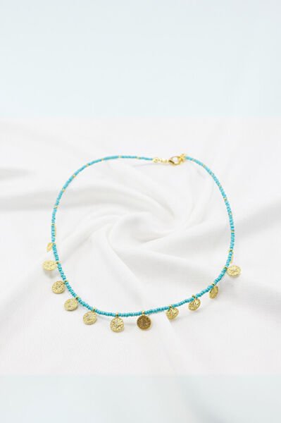 Turkuaz Kum Boncuklu Gold Tuğra Figürlü Bijuteri Kolye, Hediyelik Kolye