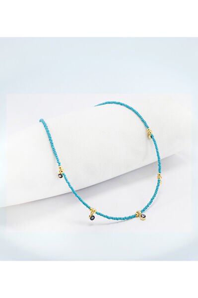 Turkuaz Kum Boncuklu Çerçeveli Nazar Bijuteri Kolye, Hediyelik Kolye