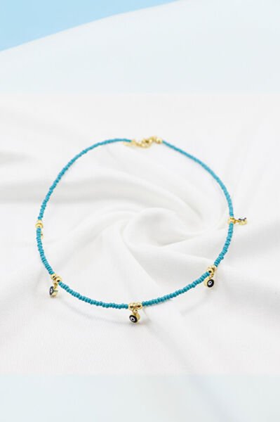 Turkuaz Kum Boncuklu Çerçeveli Nazar Bijuteri Kolye, Hediyelik Kolye