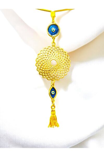 Elips Mineli Nazar Boncuklu Metal Lotus Çiçeği Araba Dikiz Ayna Süsü/ Püsküllü Yeni Araba Hediyesi