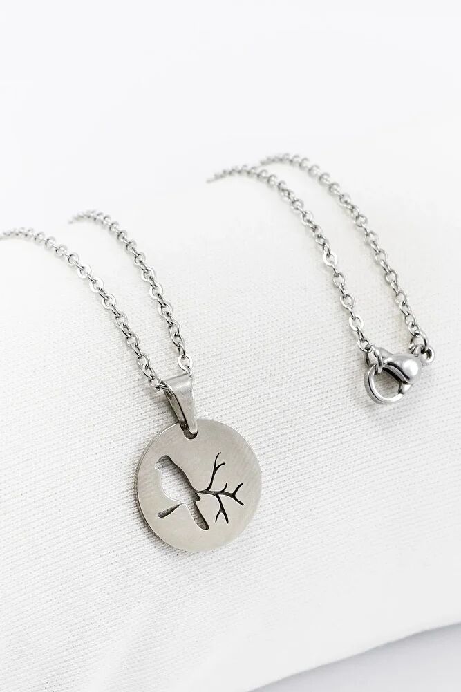 Paslanmaz Çelik Gümüş Renkli Dal Üzerinde Kuş Çelik Kolye , Hediyelik Kolye (60 cm)