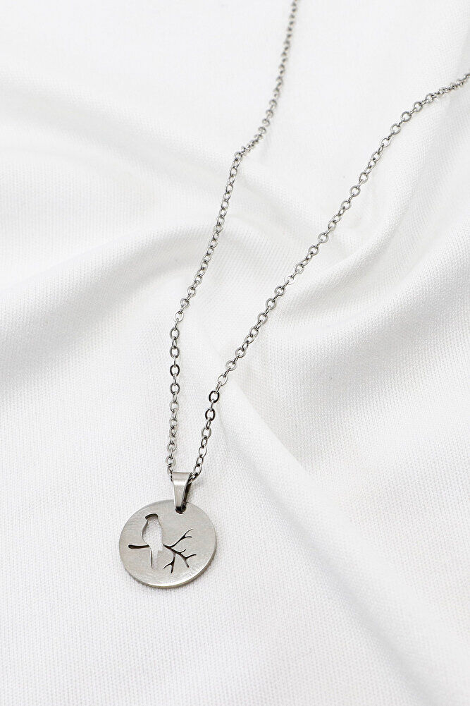 Paslanmaz Çelik Gümüş Renkli Dal Üzerinde Kuş Çelik Kolye , Hediyelik Kolye (60 cm)