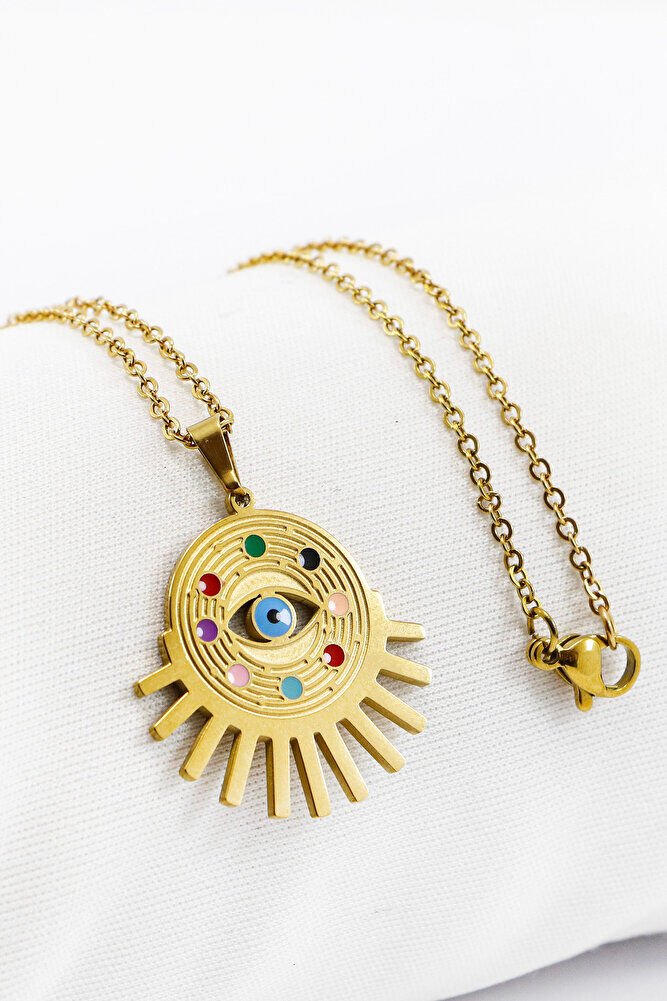 Paslanmaz Çelik Gold Renkli Renkli Göz Figürlü Çelik Kolye , Hediyelik Kolye (60 cm)