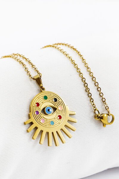 Paslanmaz Çelik Gold Renkli Renkli Göz Figürlü Çelik Kolye , Hediyelik Kolye (60 cm)