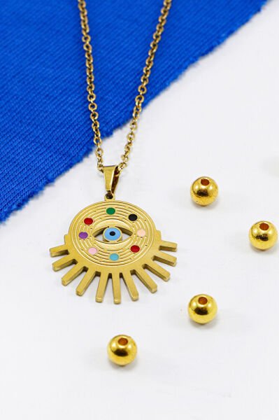 Paslanmaz Çelik Gold Renkli Renkli Göz Figürlü Çelik Kolye , Hediyelik Kolye (60 cm)