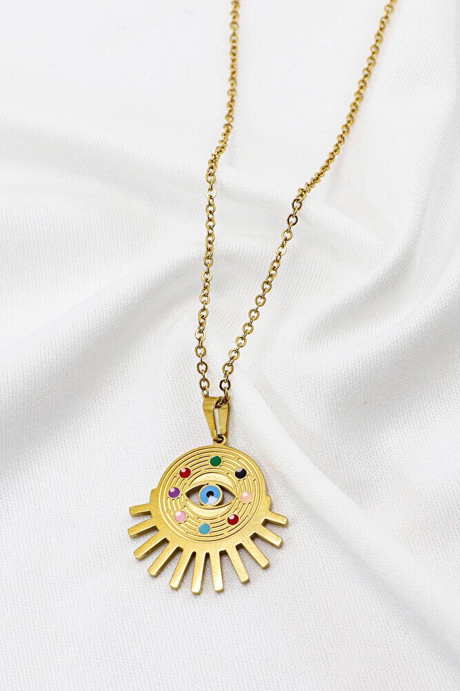 Paslanmaz Çelik Gold Renkli Renkli Göz Figürlü Çelik Kolye , Hediyelik Kolye (60 cm)