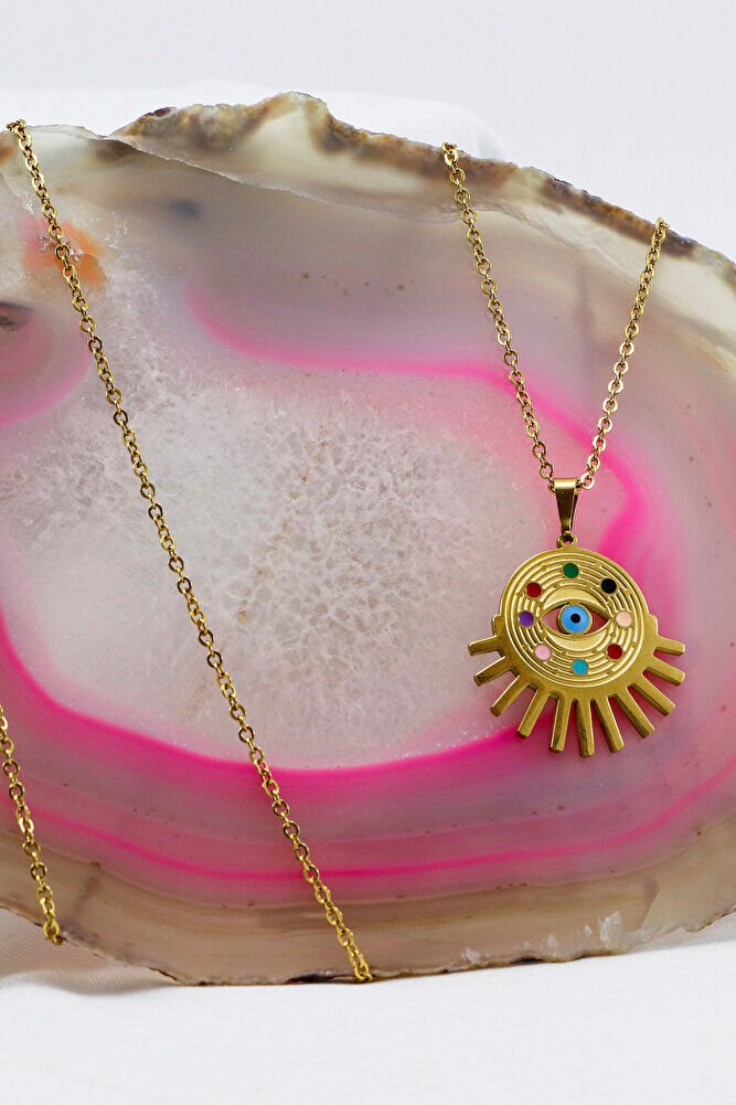 Paslanmaz Çelik Gold Renkli Renkli Göz Figürlü Çelik Kolye , Hediyelik Kolye (60 cm)