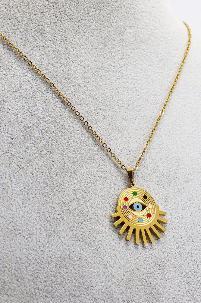 Paslanmaz Çelik Gold Renkli Renkli Göz Figürlü Çelik Kolye , Hediyelik Kolye (60 cm)