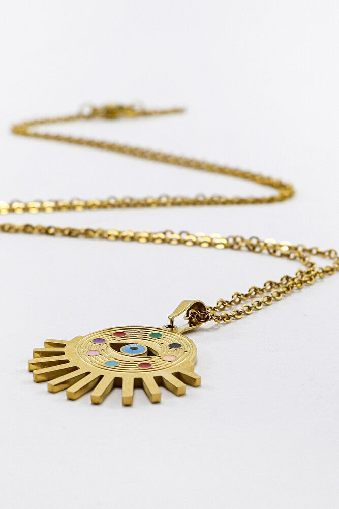 Paslanmaz Çelik Gold Renkli Renkli Göz Figürlü Çelik Kolye , Hediyelik Kolye (60 cm)