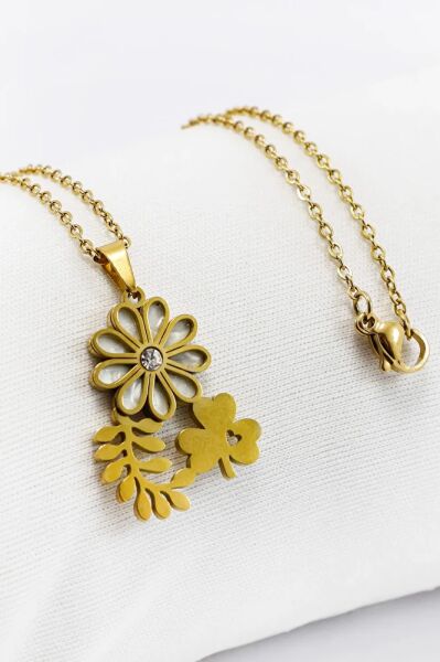 Paslanmaz Çelik Gold Renkli Parlak Taşlı Sedefli Çiçek Yoncalı Çelik Kolye , Hediyelik Kolye (60 cm)