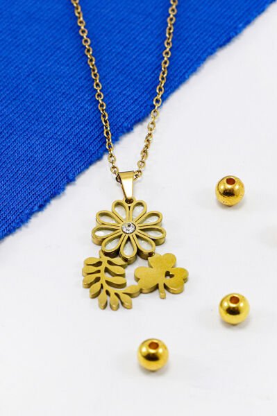 Paslanmaz Çelik Gold Renkli Parlak Taşlı Sedefli Çiçek Yoncalı Çelik Kolye , Hediyelik Kolye (60 cm)