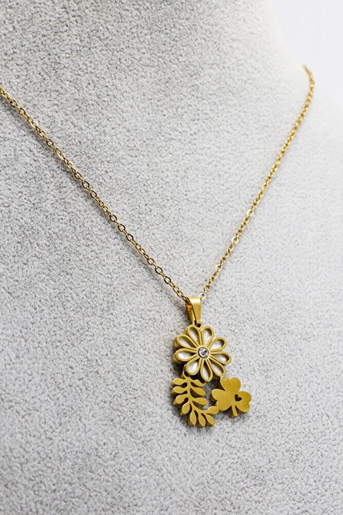 Paslanmaz Çelik Gold Renkli Parlak Taşlı Sedefli Çiçek Yoncalı Çelik Kolye , Hediyelik Kolye (60 cm)