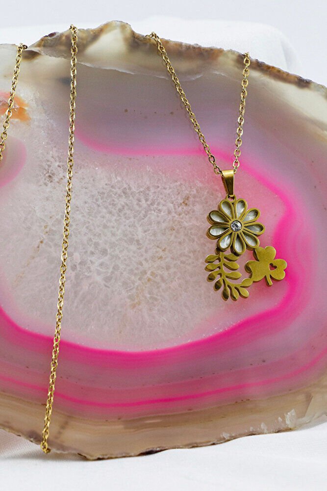 Paslanmaz Çelik Gold Renkli Parlak Taşlı Sedefli Çiçek Yoncalı Çelik Kolye , Hediyelik Kolye (60 cm)