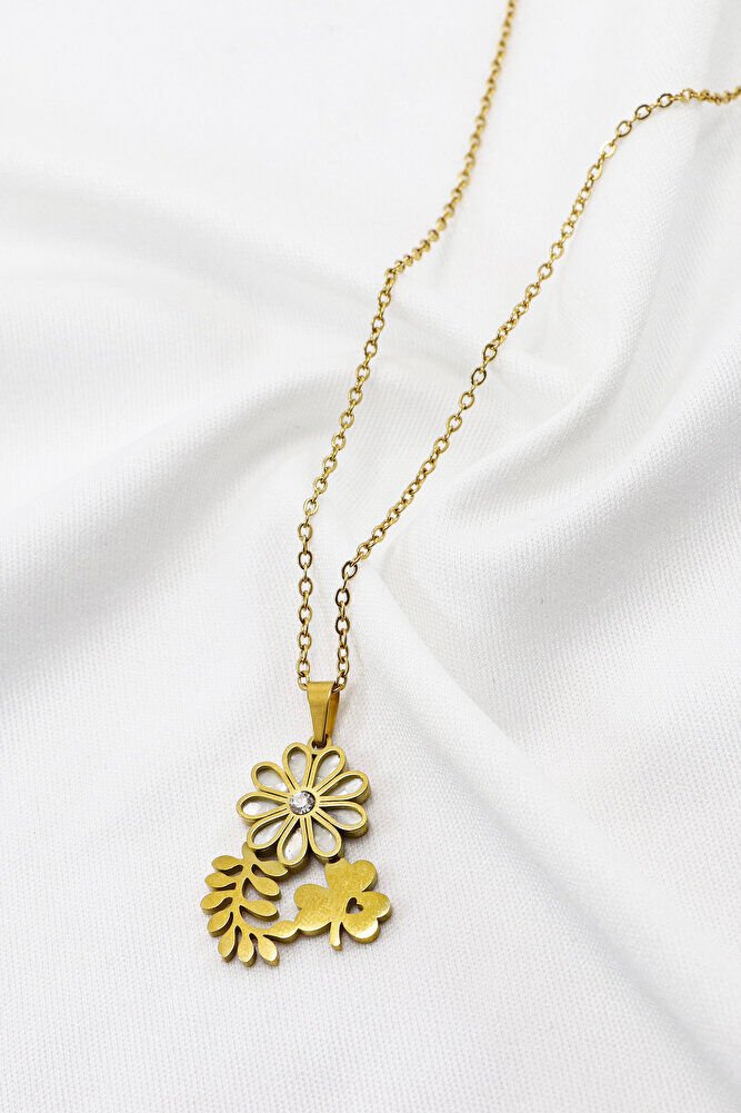 Paslanmaz Çelik Gold Renkli Parlak Taşlı Sedefli Çiçek Yoncalı Çelik Kolye , Hediyelik Kolye (60 cm)