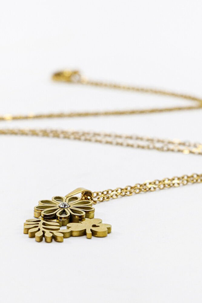 Paslanmaz Çelik Gold Renkli Parlak Taşlı Sedefli Çiçek Yoncalı Çelik Kolye , Hediyelik Kolye (60 cm)