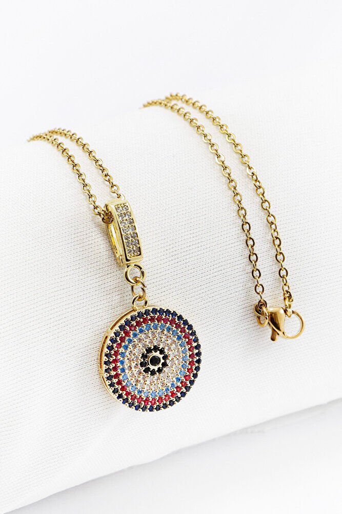 Paslanmaz Çelik Gold Renkli Parlak Taşlı Zirkon Çelik Kolye , Hediyelik Kolye (60 cm)